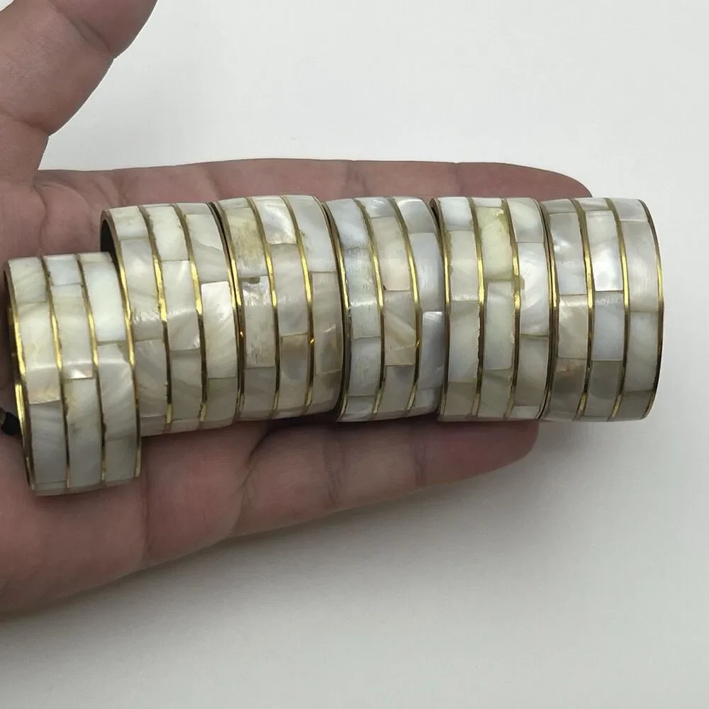 Vintage MOP Brass Napkin Rings Set of 6 Mother of Pearl India Boho Wedding